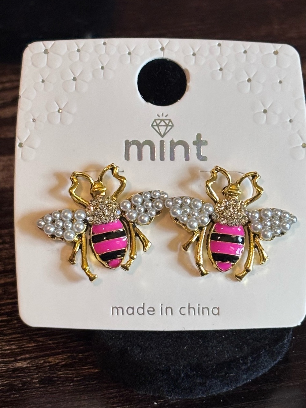 Gold‎ Tone Bee Earrings with Pink & Pearl Accents